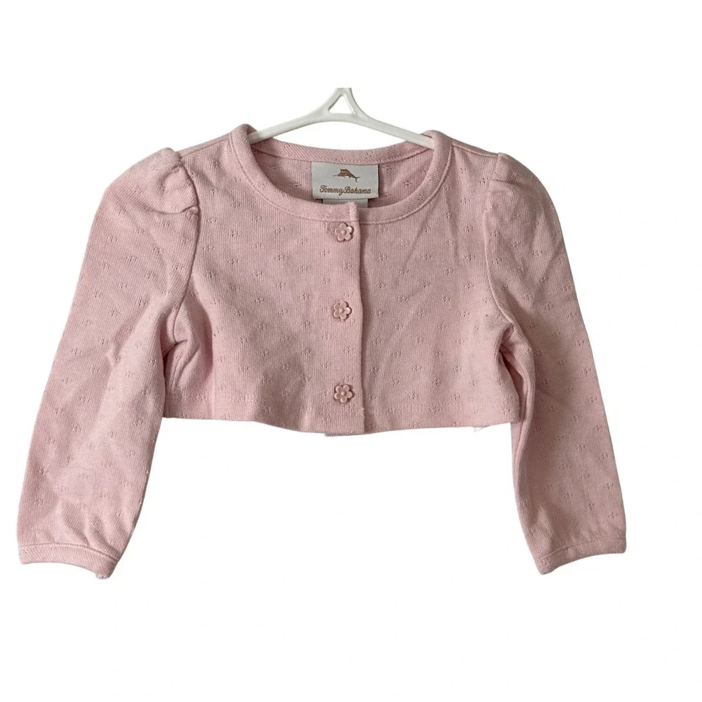 Tommy Bahama Baby Pink Long-Sleeve Cardigan With Floral Buttons & Subtle Pattern